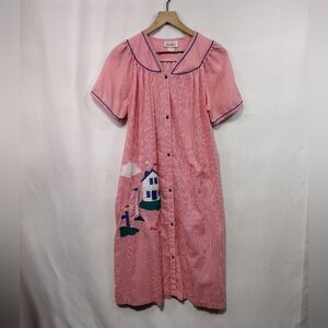 Vintage Smart Time House Dress Women's L Pink Strips Retro 90s Y2K Casual